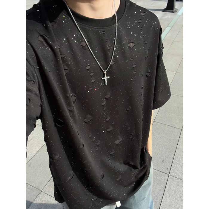 Men's Clothing Special Summer Short Sleeved T Shirt Men's Niche Starry Sky Hole Design Men's Bottoming_viptrois.com