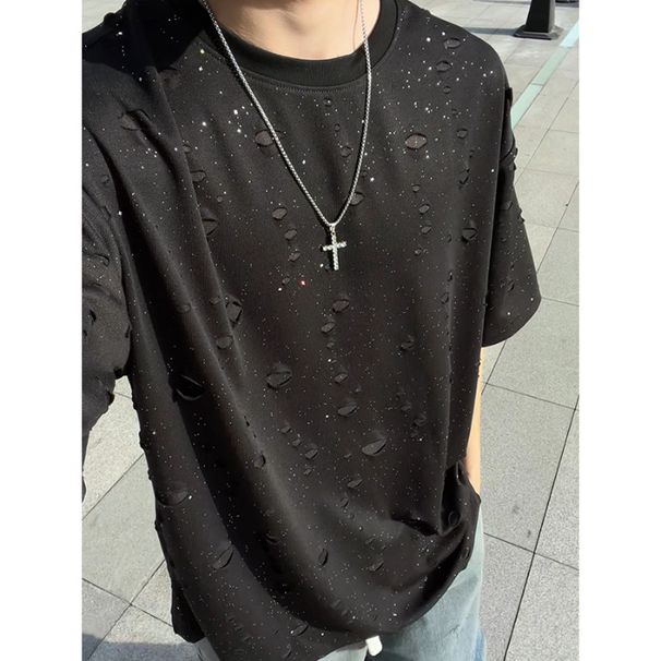 Men's Clothing Special Summer Short Sleeved T Shirt Men's Niche Starry Sky Hole Design Men's Bottoming_viptrois.com