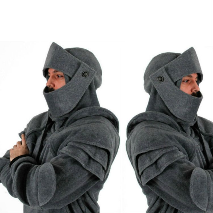 Pure 2024 Autumn Winter Solid Color Men's Retro Elbow Pads Drawstring Face Mask Knight Hoodie Jacket Men ST5173_viptrois.com