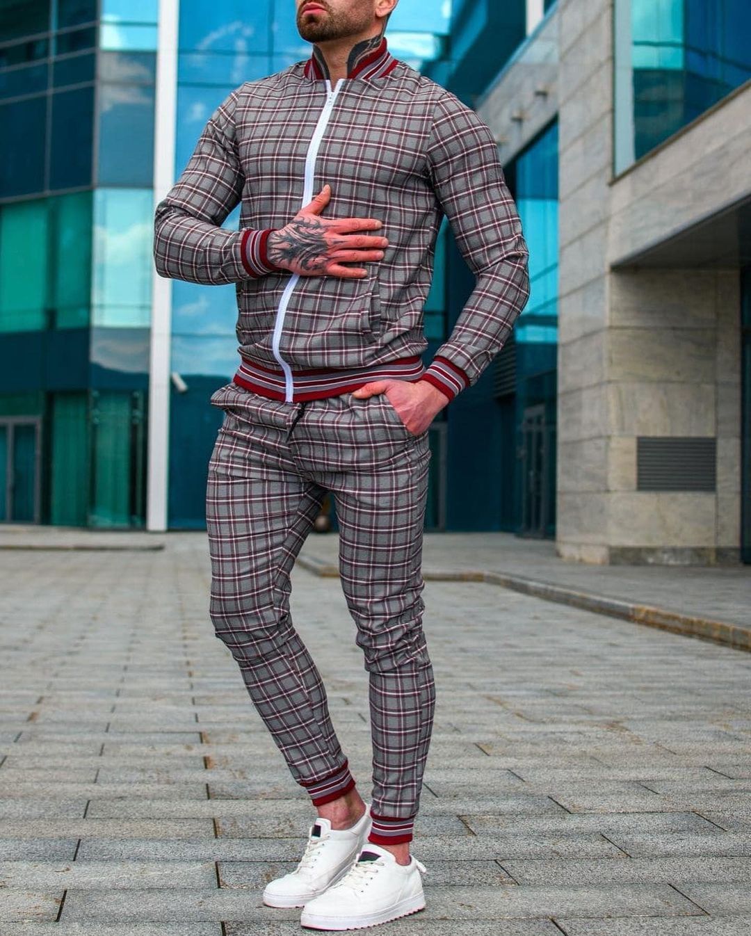 Men's Clothing Thin Plaid Fashion Zipper Jacket Trousers _viptrois.com