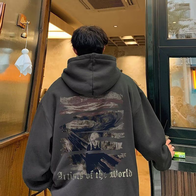 Autumn High Street Hoodie Men's Hooded Coffee Color Retro And Plush Thick Loose Jacket_viptrois.com