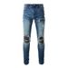 Men's Clothing Washed Cat Whisker Wrinkled Hole Patchwork Leather Elastic Slim Fit Skinny Jeans_viptrois.com
