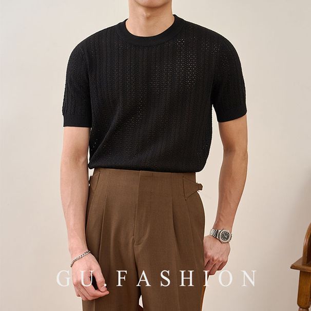 Men's Clothing Short Sleeved Sweater Hollow Ice Silk Breathable Texture Slim Fit Business Casual T-Shirt_viptrois.com