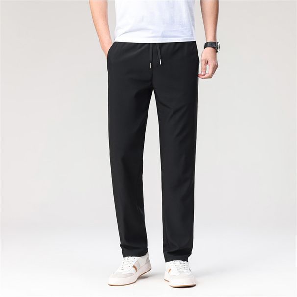 Summer Wearable Ice Silk Cool Long Elastic Waist Drawstring Casual For Middle-aged And Elderly Men Solid Color Dad Pants_viptrois.com