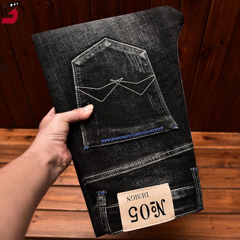 Men's Clothing High End Jeans Autumn And Winter Casual Embroidery Fashion Elastic Slim Straight Trousers_viptrois.com
