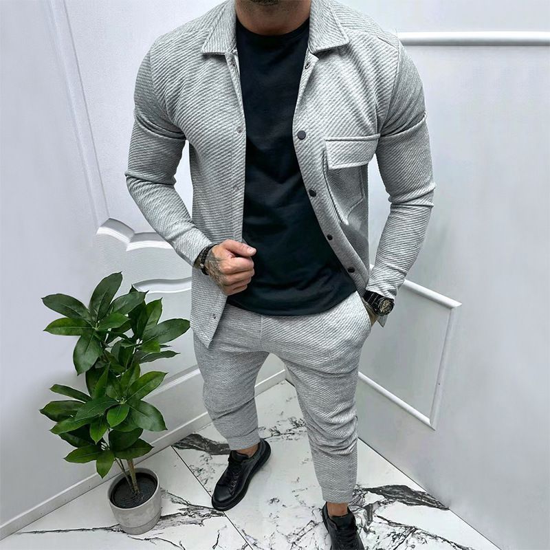 "Men's 2-Piece Casual Suit Set - Slim Fit Jacquard Blazer & Trousers, Lightweight Polyester, Office & Wedding Attire_viptrois.com