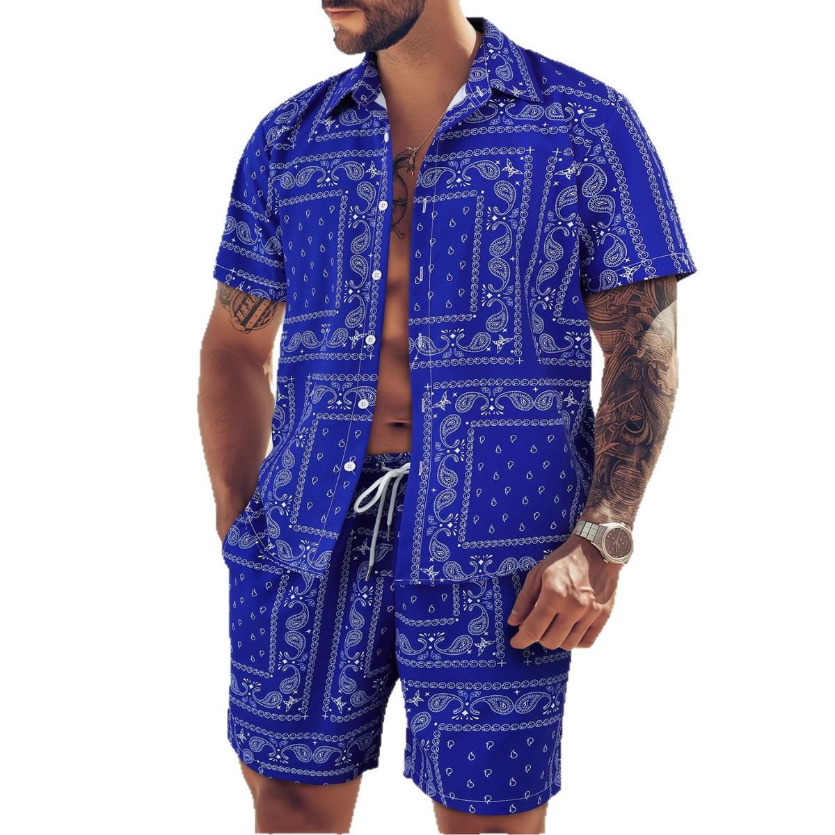 Men's Tropical Print Short Sleeve Shirt & Shorts Set - Blue Vacation Outfit For Summer Beach Holiday_viptrois.com