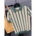 Men's Clothing Ice Silk Short Sleeved Shirt Slim Striped Colorblock Knitted Lapel T Shirt_viptrois.com