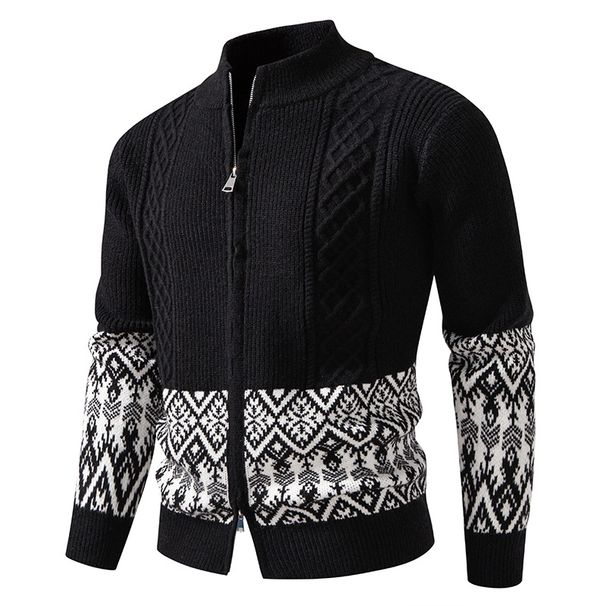 Men's Plus Size Retro Jacquard Zip-Up Knit Sweater With Stand Collar, Casual Pullover Cardigan For Winter, Fashionable & Comfortable_viptrois.com