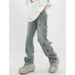 Men's Clothing Retro Vintage Blue Jeans For Men - American High Street Vibe, Deconstructed Button Design, Straight & Slightly Flared Trousers_viptrois.com