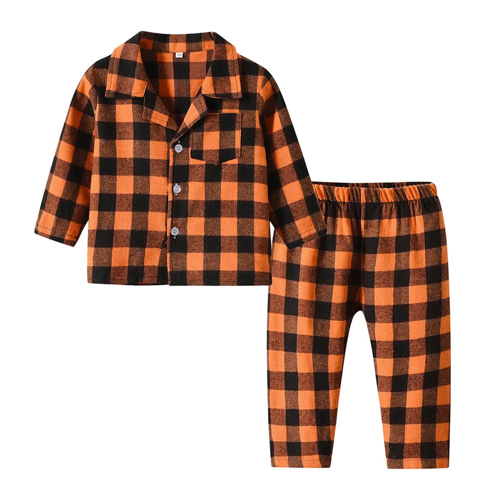 kid's clothing Children's spring and autumn lapel single-breasted plaid long-sleeved pajamas set_viptrois.com