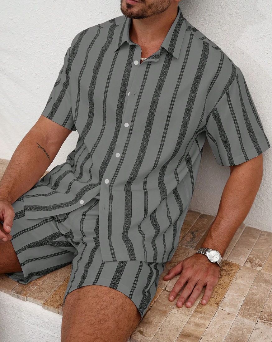 Men's Clothing Striped Short Sleeved Shirt Summer Men's Casual New Shorts Suit_viptrois.com