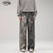 Men's Clothing Splashed Printed Jeans Washed Heavy Loose Wide Leg Floor Length Pants_viptrois.com