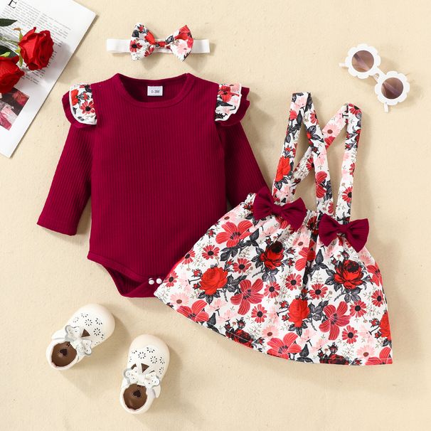 Babies' clothes baby pit strip long-sleeved triangle romper jumpsuit bow strap skirt plant flower suit skirt_viptrois.com