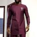 Men's moslem Independent Station Dark Red Round Neck Ethnic Style Robe Shirt Pants Set 1213639_viptrois.com
