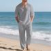 Men's Autumn Casual Beach V Neck Long Sleeve Top And Loose Linen Trouser Suit_viptrois.com