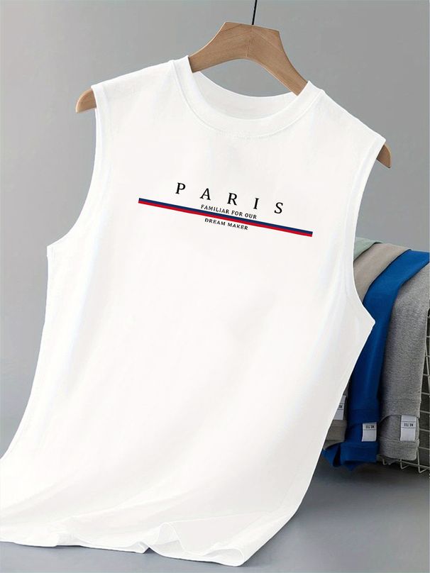100% Pure Cotton Men's Summer Casual Sports Fitness Loose Paris Pattern Printed Breathable Round Neck Sleeveless Vest_viptrois.com