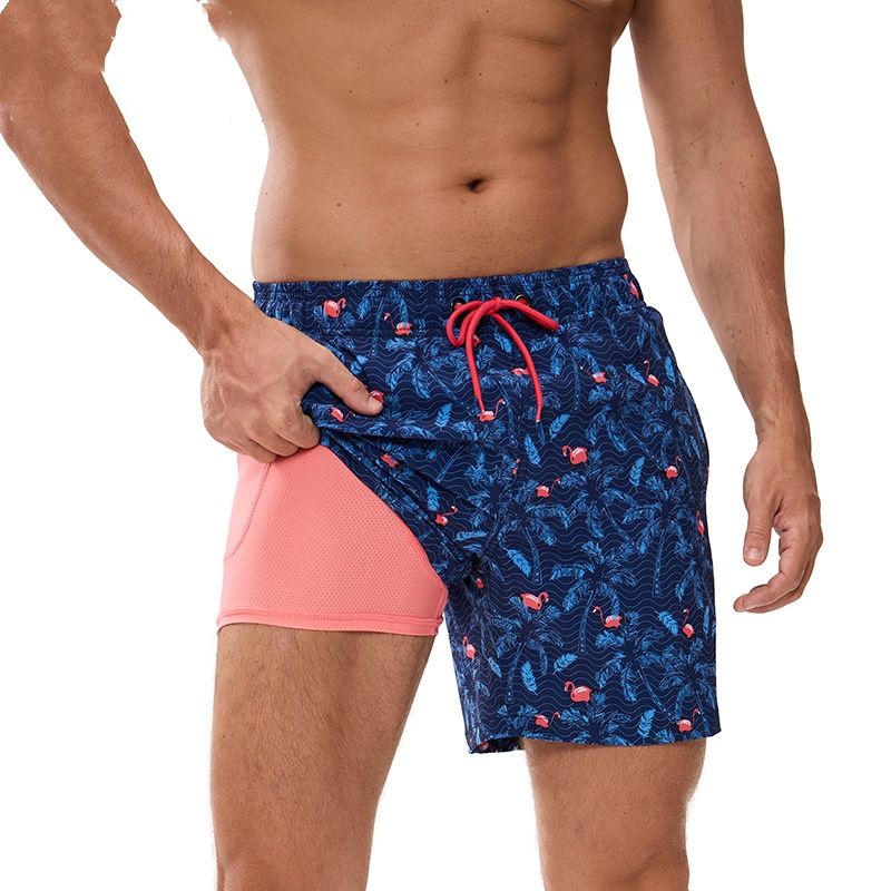 New Men's Beach Pants Quick-Drying Double-Layer Swim Pants Printed Casual Sports Shorts_viptrois.com