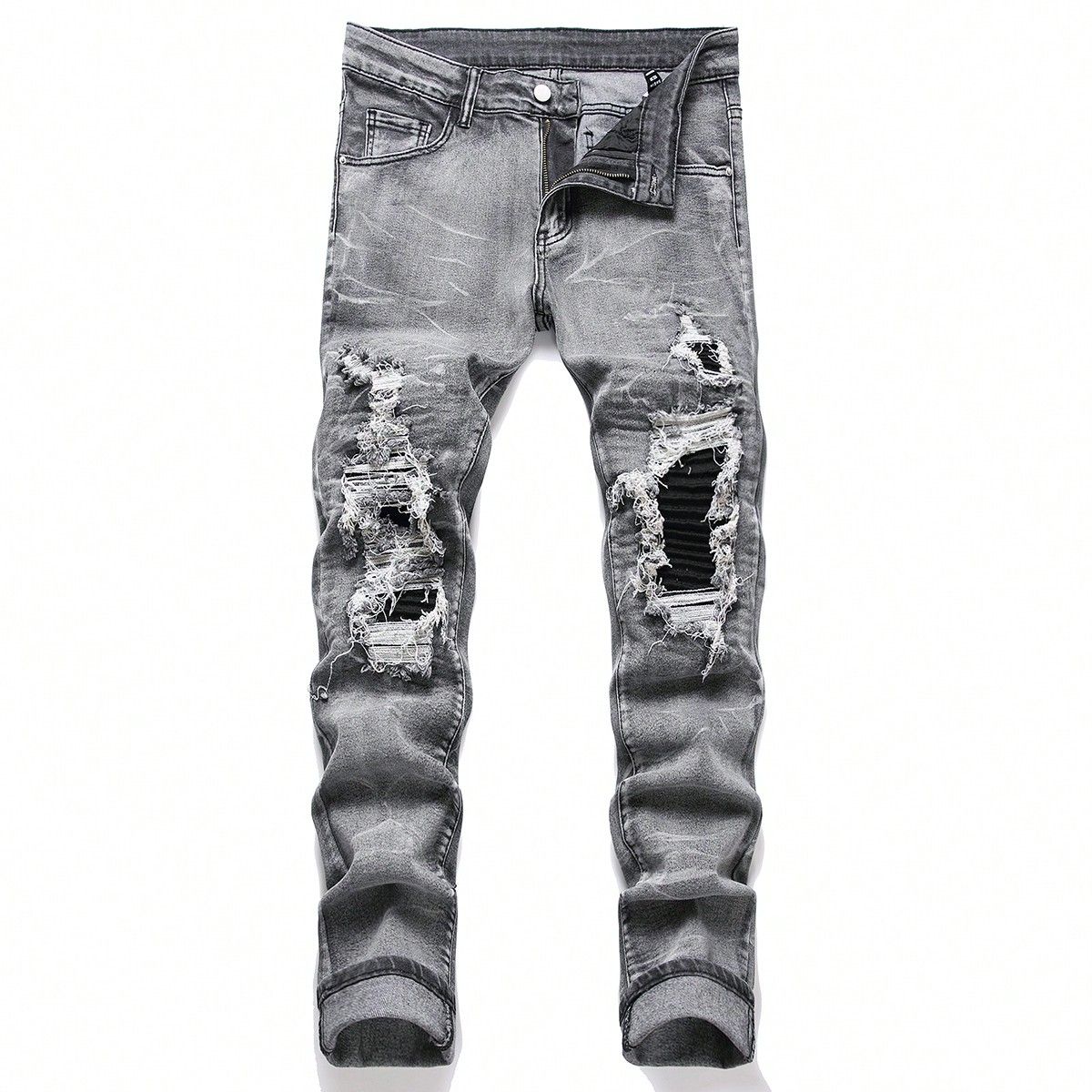 Men's Stretch Denim Jeans, Streetwear, Tearing Patchwork Holes, Torn Denim, Elastic Waist, Leisure Pants, Narrow Fit, Straight Pants_viptrois.com