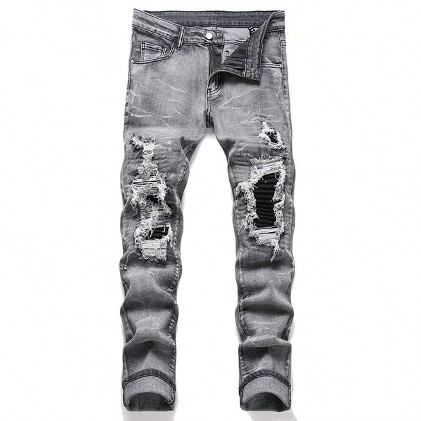 Men's Stretch Denim Jeans, Streetwear, Tearing Patchwork Holes, Torn Denim, Elastic Waist, Leisure Pants, Narrow Fit, Straight Pants_viptrois.com