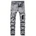 Men's Stretch Denim Jeans, Streetwear, Tearing Patchwork Holes, Torn Denim, Elastic Waist, Leisure Pants, Narrow Fit, Straight Pants_viptrois.com