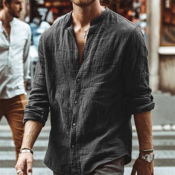 New Men's Autumn Solid-color Casual Stand-up Collar Long-sleeved Shirt Linen Carsweater._viptrois.com