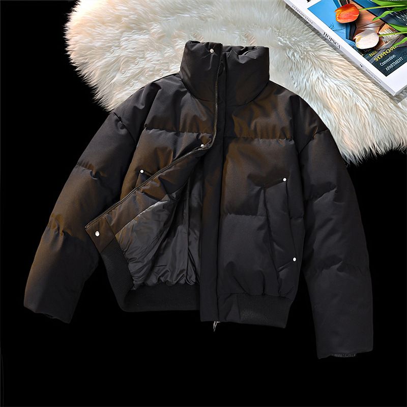 Unisex Stand Collar Puffer Jacket - Winter Warm Thickened Polyester Coat For Couples, Loose Fit Zip-Up Casual Outerwear_viptrois.com