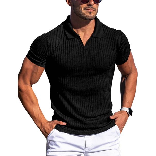Men Slim Lapel V Neck Short Sleeve Polo Mature Tone Stripe All Match Gentleman Summer Daily Basic Daily Outfit Top_viptrois.com