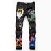 High Street Trendy Men's Stretch Slim Fit Jeans 3D Printed Black With Skull Graffiti Mid Rise Trousers_viptrois.com