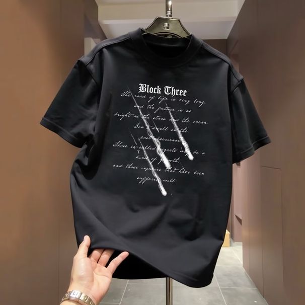 Men's Heavyweight Cotton T-Shirt Short Sleeve Loose Fit Casual Crew Neck Printed Top American Trendy Brand Summer INS Style_viptrois.com
