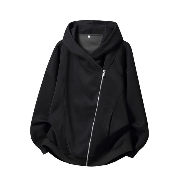 Monochrome Man- Diagonal Zipper Cardigan Hooded Sweatshirt Men's Autumn And Winter Heavyweight American Style Short Wide Silhouette_viptrois.com