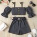 Baby Clothing Girls' Clothes Halter With Pinched Lantern Sleeves Single Breasted Cardigan Top High Waist With Belt Shorts_viptrois.com