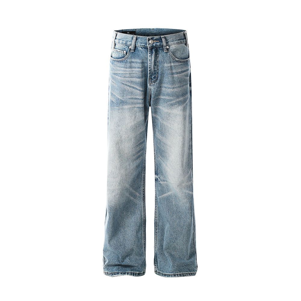 Gradient Washed Denim Men's High Street Trendy Distressed Loose Wide-Leg Lightning Scratch Straight-Leg Pants_viptrois.com