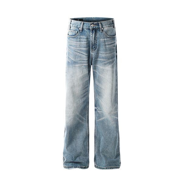 Gradient Washed Denim Men's High Street Trendy Distressed Loose Wide-Leg Lightning Scratch Straight-Leg Pants_viptrois.com