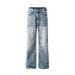 Gradient Washed Denim Men's High Street Trendy Distressed Loose Wide-Leg Lightning Scratch Straight-Leg Pants_viptrois.com