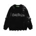 High Quality European-USA Fashion Vintage Pullovers Men's 100%Acrylic Letter Jacquard Round Collar Broken Hole Long Sleeve Casual Loose Sweater_viptrois.com