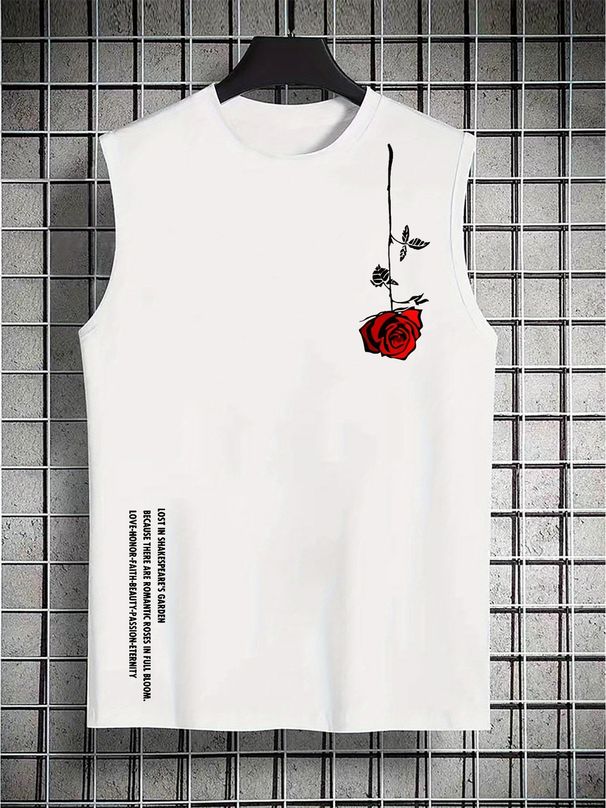 100% Pure Cotton Men's Summer Casual Sports Fitness Loose Rose Pattern Printed Breathable Round Neck Sleeveless Vest_viptrois.com
