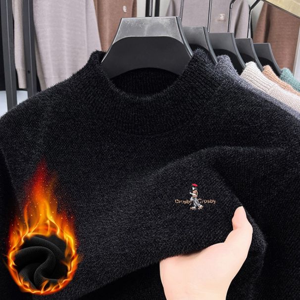 Autumn Winter Chenille Half Turtleneck Lined Thickened Sweater Integrated Fleece Warm Inner Knitted Men's Base Shirt_viptrois.com