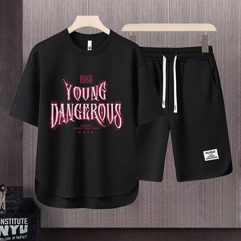 Men's Clothing 2024 Waffle Casual Summer Suit Men's Loose Teen Short sleeved T shirt Shorts Handsome Two piece Suit_viptrois.com