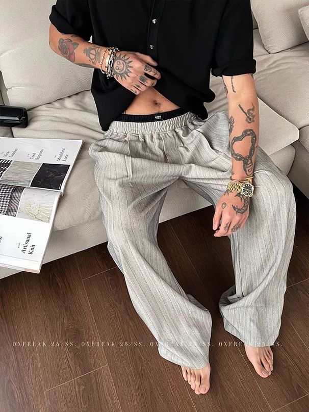 Men's Summer Double Layer Waist Color Block Striped Casual Pants Straight Leg Loose Trendy Wide Leg Trousers_viptrois.com