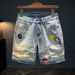Men's Clothing Destroyed Sewing Denim Shorts Men Summer Thin Light Blue Shorts Printed Loose Five Point Casual Pants_viptrois.com
