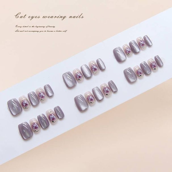 False Nails Handmade Prefabricated Nails Purple Blush Lines Butterfly Fine Flash Cat's Eye Diamond Nail Art Pieces_viptrois.com