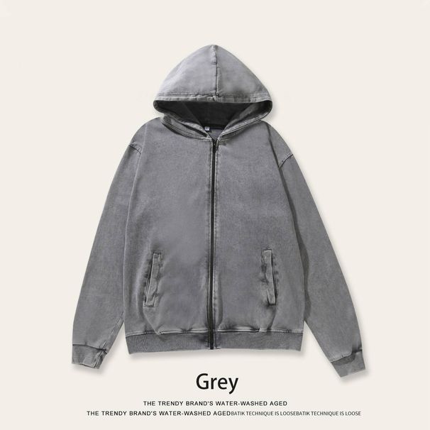 Men's Heavyweight Washed Cotton Zip-Up Hoodie – Vintage American Style Oversized Cardigan_viptrois.com