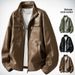 Men's Retro Harrington Jacket – Vintage PU Leather Bomber With Stand Collar (M-3XL, Relaxed Fit, Lightweight, Olive/Black/Tan)_viptrois.com