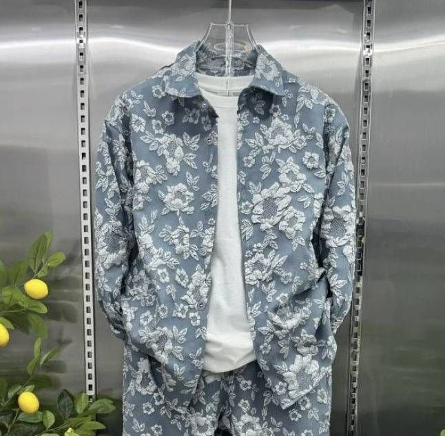 Men's Clothing Autumn New Three Dimensional Relief Jacquard Shirt Fashion Slim Trousers Two Piece Suit Men's Trendy Brand Casual Sports Suit_viptrois.com