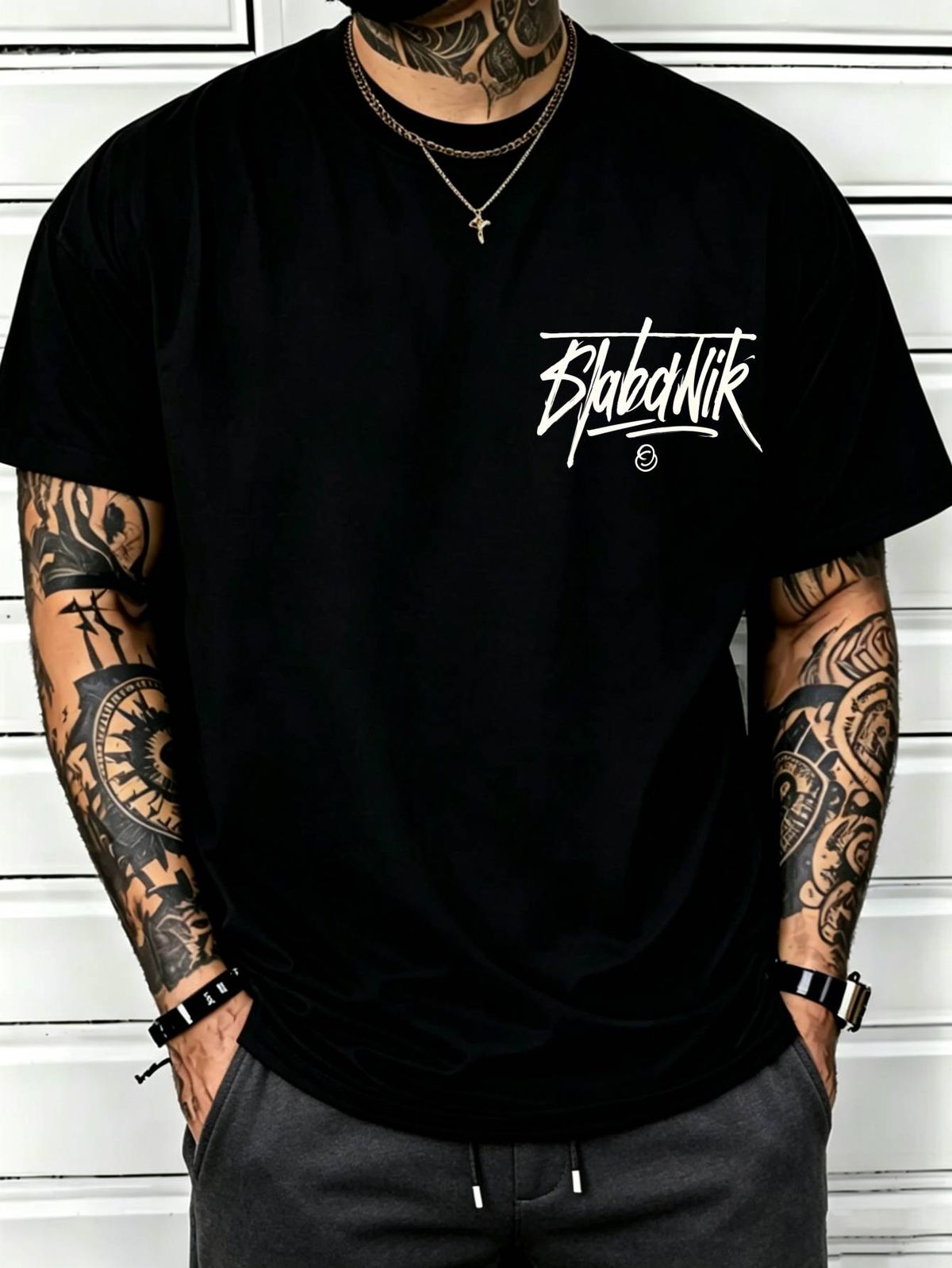 100% Cotton Men Crew Neck Tee Graffiti Style "BlabaNik" Text Print Short Sleeve Casual Daily Top_viptrois.com