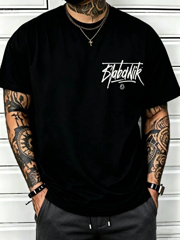 100% Cotton Men Crew Neck Tee Graffiti Style "BlabaNik" Text Print Short Sleeve Casual Daily Top_viptrois.com