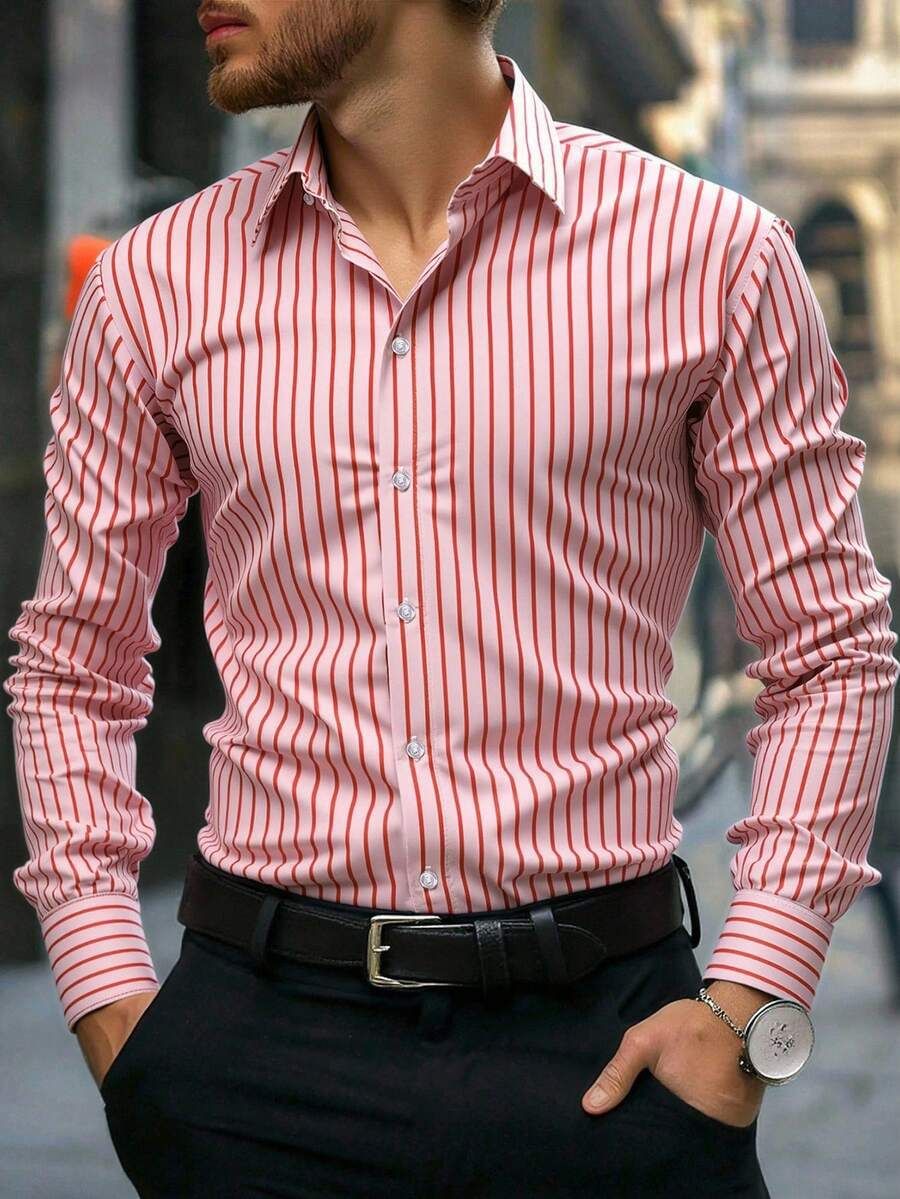 Retro Stripe Print Shirt For Men – Slim Fit Long Sleeve Button-Up With Stretch Fabric (M-3XL, Breathable & Wrinkle-Resistant, Casual & Office Wear)_viptrois.com