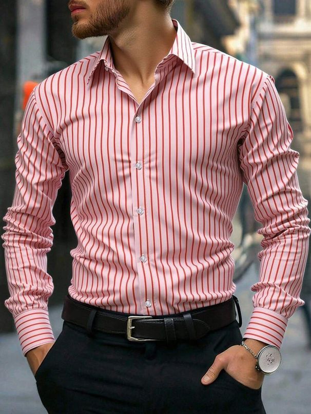 Retro Stripe Print Shirt For Men – Slim Fit Long Sleeve Button-Up With Stretch Fabric (M-3XL, Breathable & Wrinkle-Resistant, Casual & Office Wear)_viptrois.com