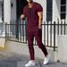 25 Cross-border Men's New Waffle V-neck Rope Short-sleeved Trousers Two-piece Casual Suit Men_viptrois.com
